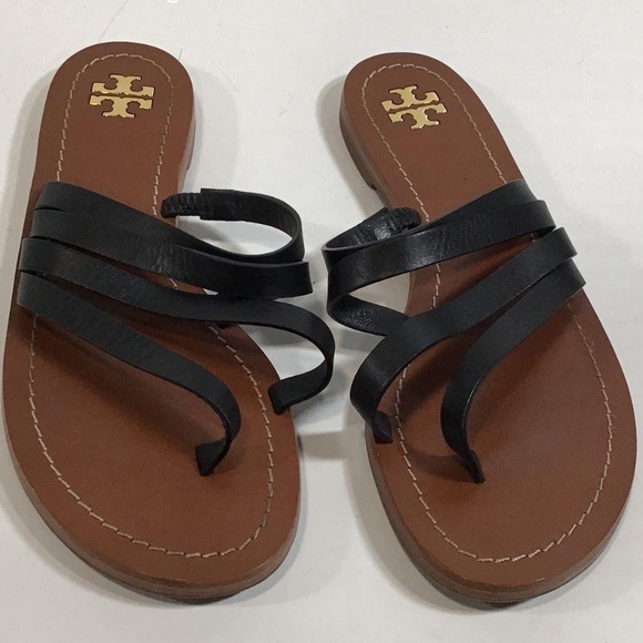 Tory Burch Black Leather Flat Strappy Women's Sandals Size 6.5M - Picture 1 of 7